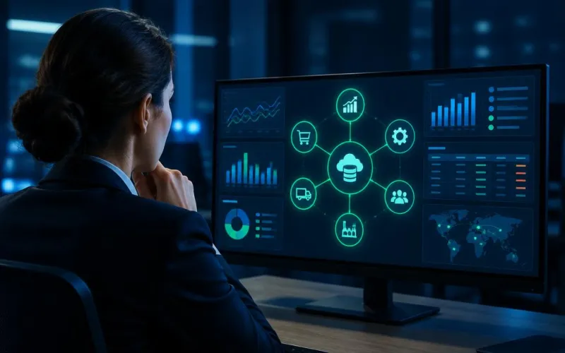 Analyst reviewing an ERP dashboard with connected modules