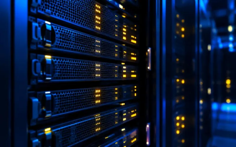 Server rack with glowing amber status lights
